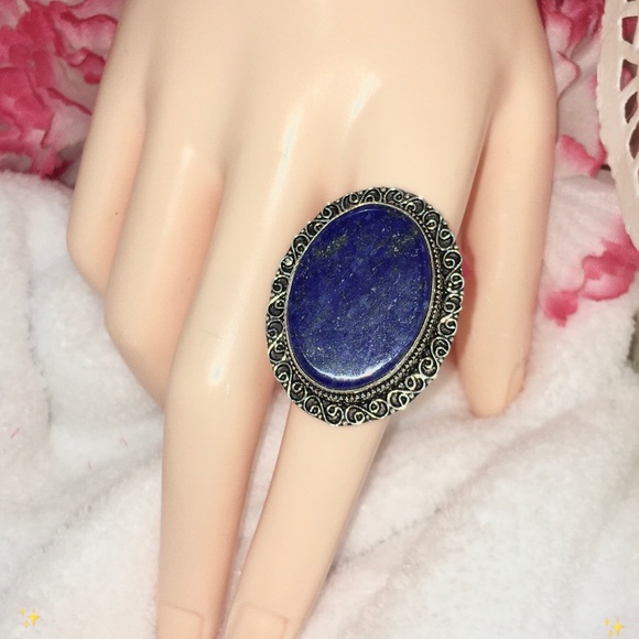 Natural Lapis Lazuli Gemstone Handmade Halo Ring - Picture 2 of 6